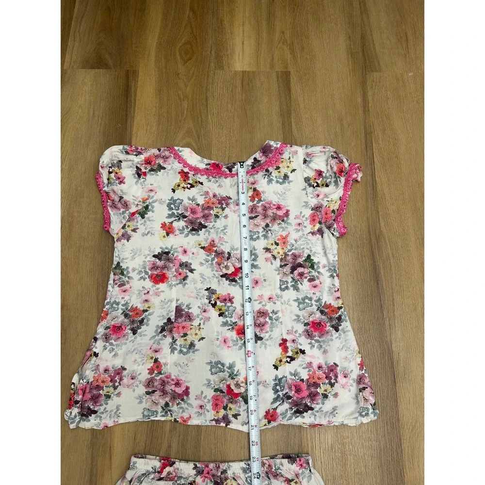Vintage Handmade Floral Set Pink Lace Trim‎ Short Sleeve Top Pants cottage